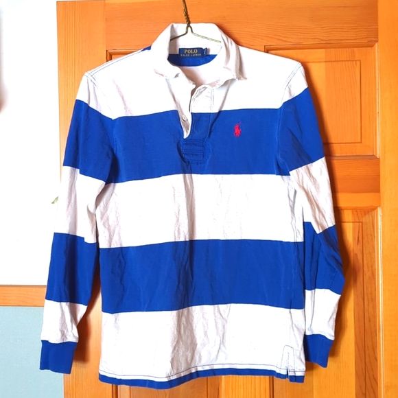 Polo Ralph Lauren Men's Small Long Sleeve Striped Polo Shirt, Blue and White - Picture 1 of 8